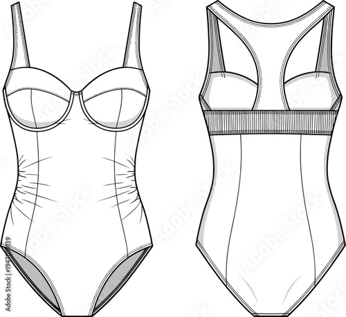 Women's one-piece swimsuit technical flat sketch with underwire cups, racerback design, side rushing detail, and elastic back band vector illustration.