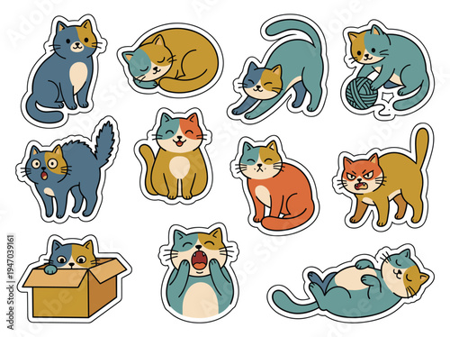 Colorful cartoon cat stickers in various poses.