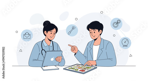 Doctor consulting patient on digital tablet about healthy diet and lifestyle