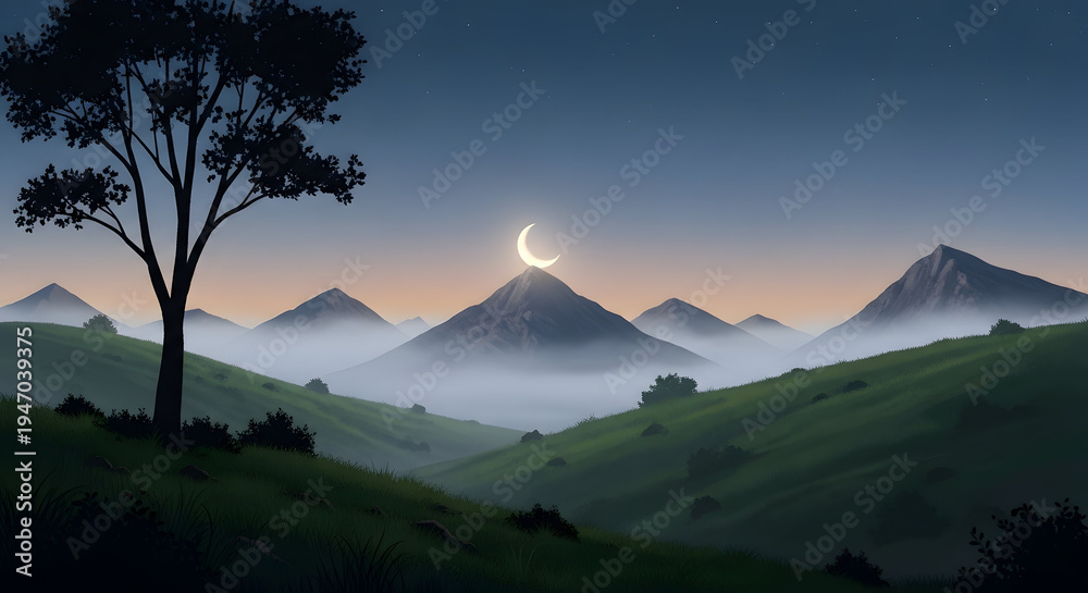 Fototapeta premium Moonlit Green Hills: Dreamy Landscape at Golden Hour with Soft Mist