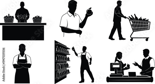 Business people silhouettes and icons set sitting at table