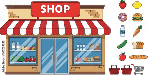 Grocery Store Shop Front With Food Products Shopping Basket Cart And Fresh Produce Vector Illustration 