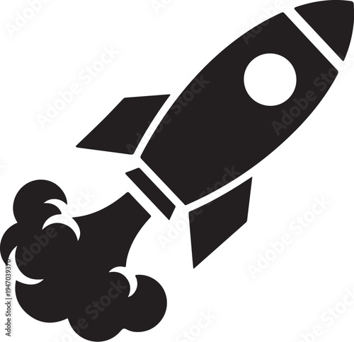 Black vector rocket icon with smoke trail