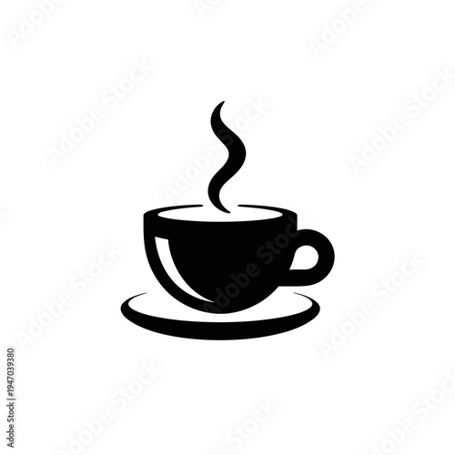 Black silhouette of a steaming hot cup of coffee on a saucer