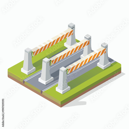 Isometric illustration of construction barricades on a roadway