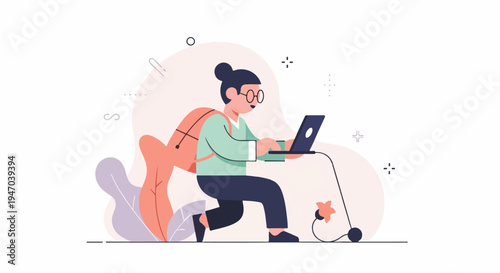 Person wearing glasses and backpack, working on a laptop outdoors