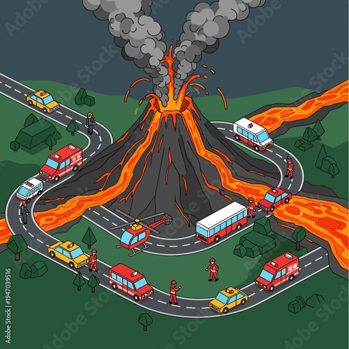 Isometric illustration of a volcanic eruption with lava flow, roads, and emergency vehicles.