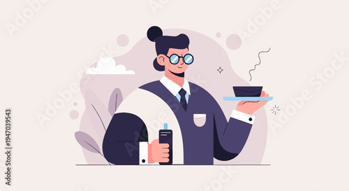Stylish server in a suit presents a steaming bowl and bottle