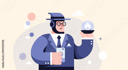 Stylish figure in a suit holds crystal ball and phone, with abstract shapes