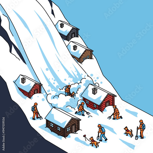 Illustration depicting an avalanche engulfing cabins, with rescuers searching for survivors.
