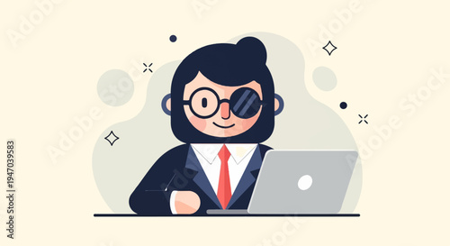 Stylized cartoon figure in suit and tie, wearing glasses and eye patch, working on laptop