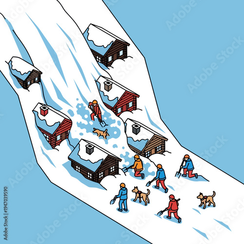 An illustration depicts people shoveling snow from rooftops and paths in a snowy village.