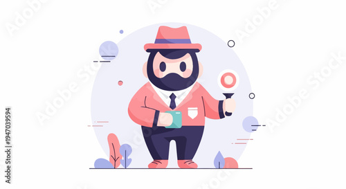 Stylized character in a suit and hat holds a magnifying glass and cup
