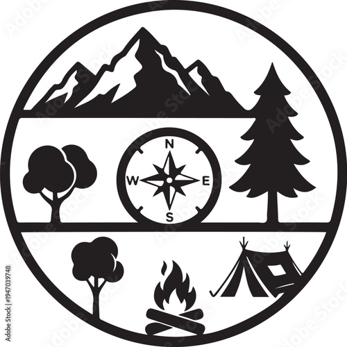 Set of 6 camping icons vector, outdoors symbols