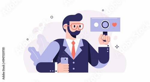 Business man in suit holding phone and social media sign