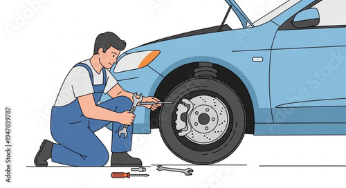 Mechanic changing car tire outdoors.