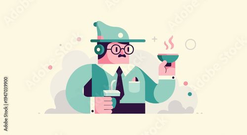Cartoon character with hat and glasses holds drinks, enjoys a break