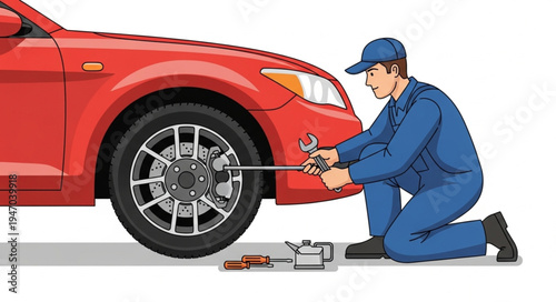 Mechanic changing car tire outdoors.