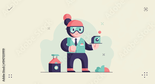 Cartoon figure in glasses serving a small clock on a tray
