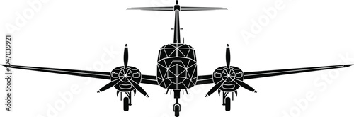 Front view twin-engine propeller aircraft silhouette with geometric fuselage patterns, symmetrical design, aviation vector illustration for flight, engineering, transport, and aeronautical concepts