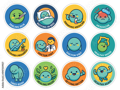 A set of stickers depicting various health-related emotions and characters.