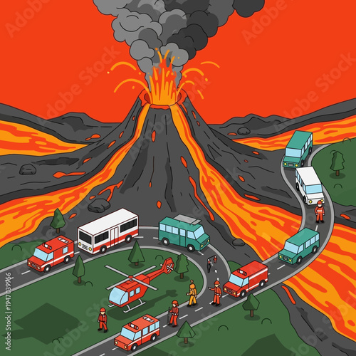 Isometric illustration depicting a volcanic eruption with emergency vehicles and personnel.