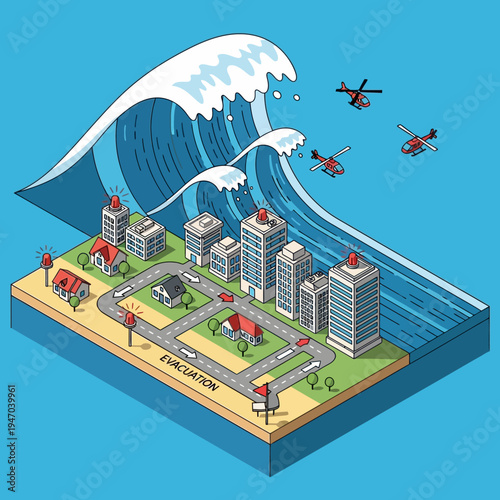 Isometric illustration depicting a city facing a massive tsunami, with helicopters assisting.