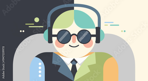 Cartoon character with headphones and glasses, smiling, dressed in a suit