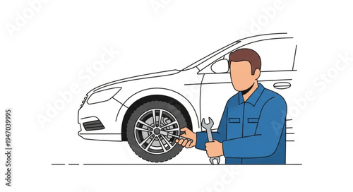 Mechanic changing car tire outdoors.