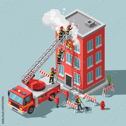 Firefighters battling a blaze in a multi-story building with a fire truck and ladder.