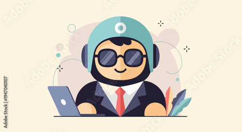Cartoon character with helmet, glasses, and suit works on laptop