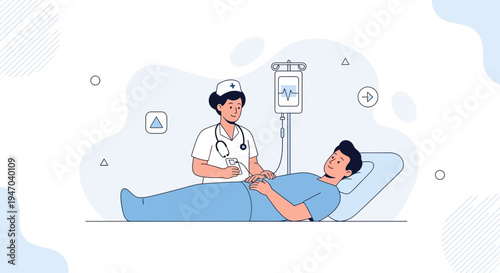 Nurse Caring for Patient in Hospital Bed with IV Drip