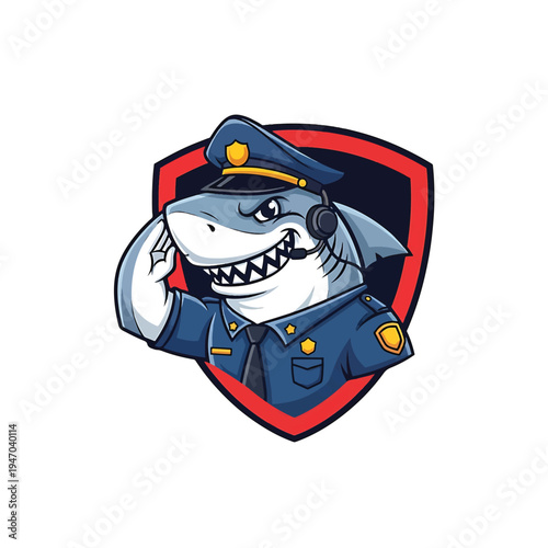 Shark mascot in police uniform saluting with crest shield