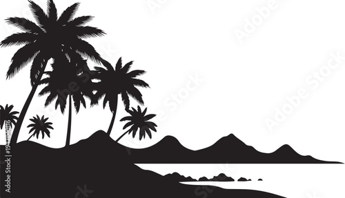 Black silhouette tropical island with palm trees vector