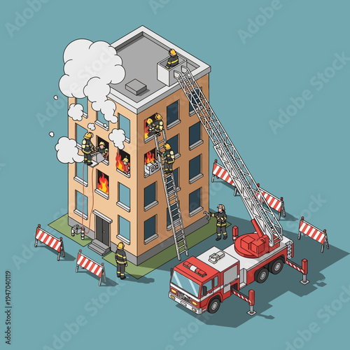 Firefighters battling a blaze in a multi-story building, using ladders and equipment.