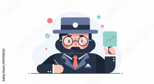 Stylized businessman in hat, glasses, suit, holding chart