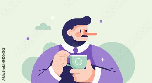 Cartoon character with long nose holding a cup of beverage