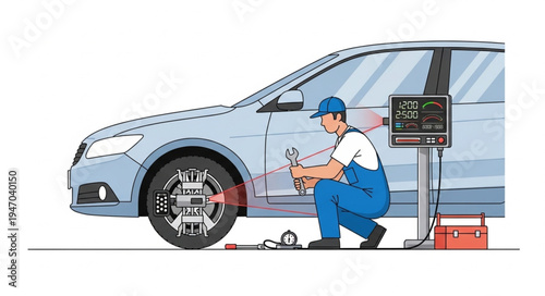 Mechanic changing car tire outdoors.