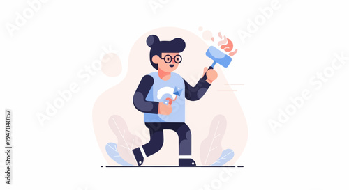 Cartoon character with mop and spray bottle, standing among abstract shapes and plants