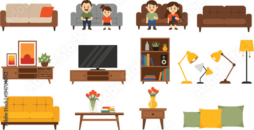 Modern Living Room Furniture And Family Sofa Interior Vector Illustration Set With TV Cabinet Lamps Table Bookshelf Home Decor Elements