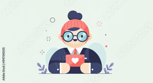 Cartoon character in glasses holding a heart envelope