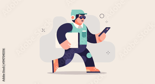 Cartoon courier wearing helmet and sunglasses runs with package and phone