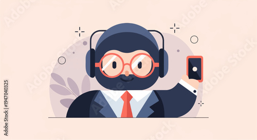 Cartoon figure in suit with headphones and glasses holding a phone
