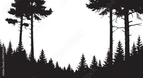 Black silhouette of pine tree forest landscape vector
