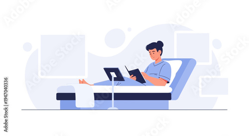 Patient reading a book in hospital bed, recovery and self-care concept