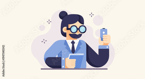 Cartoon person in suit holding phone and book