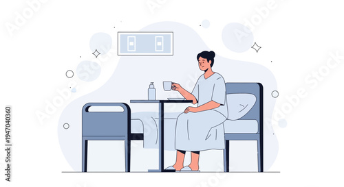 Patient drinking tea in hospital bed, recovery and healthcare concept
