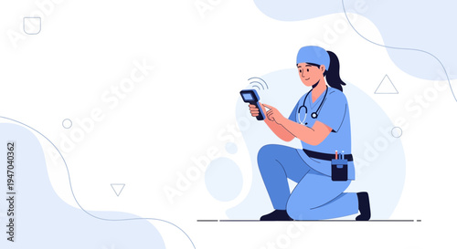 Nurse with stethoscope using handheld scanner, modern healthcare technology concept