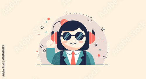 Cartoon figure wearing headphones and sunglasses, holding earphone