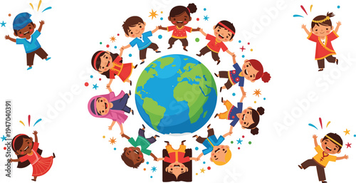 Happy multicultural children dancing around globe celebrating world unity, friendship, cultural diversity and global peace cartoon vector illustration